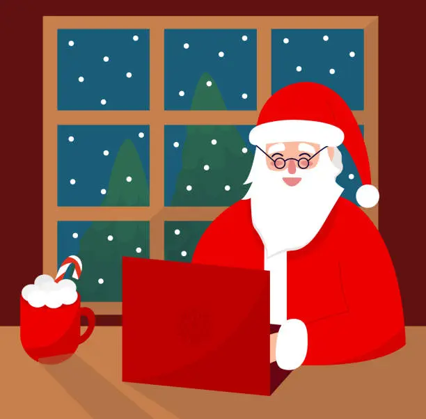 Vector illustration of Santa Claus using laptop flat