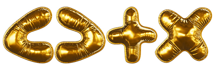 Realistic gold font 3D render - Set of Punctuation Marks: Plus, Times sign, Greater than, Less than. Inflated Balloons gold foil letter.