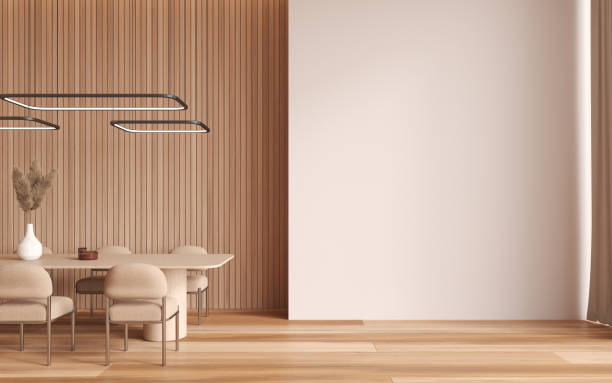 istock Stylish meeting room interior with beige table and chairs. Mock up wall 1739250399