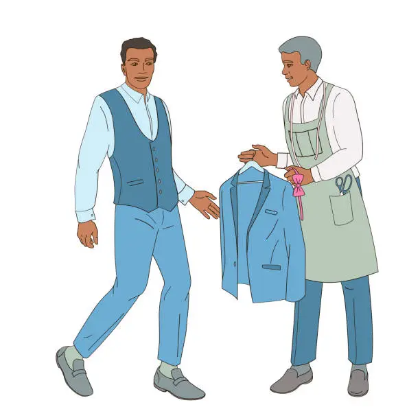 Vector illustration of African American groom preparing for wedding day, tailor proposal suit for groom