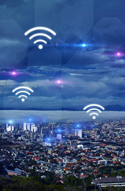 istock Connection, night and overlay landscape of the city with internet web access and network. Digital, dark sky and s town with cyber accessibility, connectivity and icon in the evening for networking 1739261255