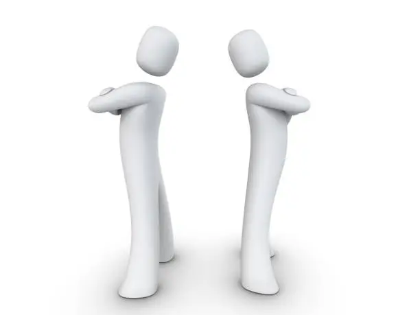 3d render of a simple-shape men turning back to each other.