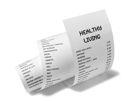 Healthy living shopping receipt. Isolated on white