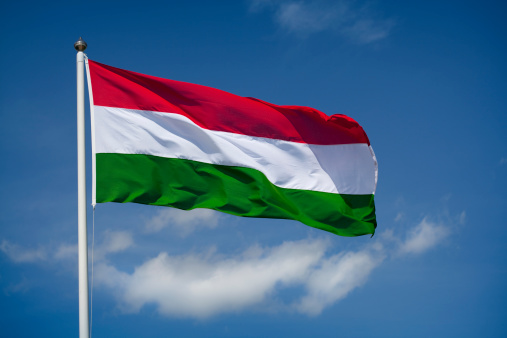 The flag of Hungary waving in the wind.