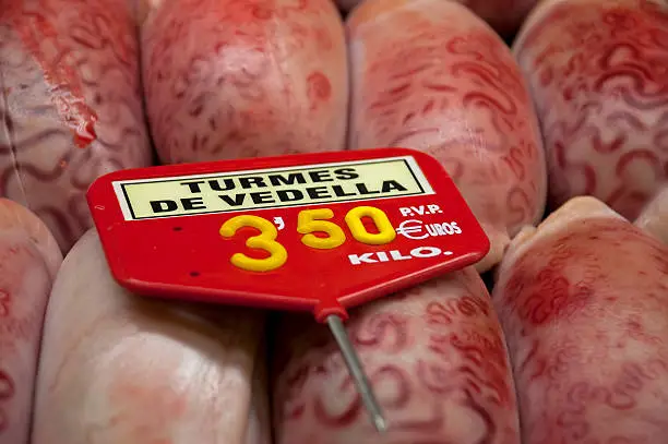 "testicle of ox, Barceloneta market, Spain"