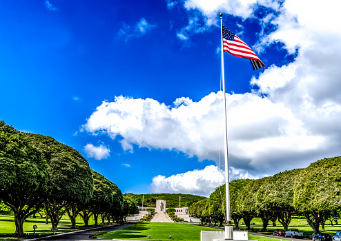Entrance Flag Punchbowl National Cemetery of Pacific Honolulu Oahu Hawaii Dedicated 1949 for soldiers, sailors and airmen killed in Pacific in WW 2, Vietnam, Korea other wars.