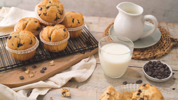 istock Chocolate chip muffins with milk 1739297657