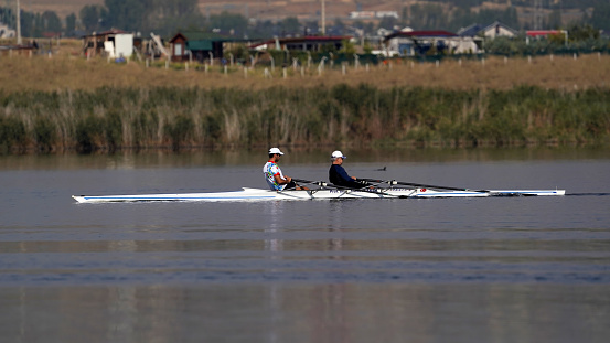 Ankara Turkey - 30.09.2023 Athletes practicing canoeing on the mogan lake