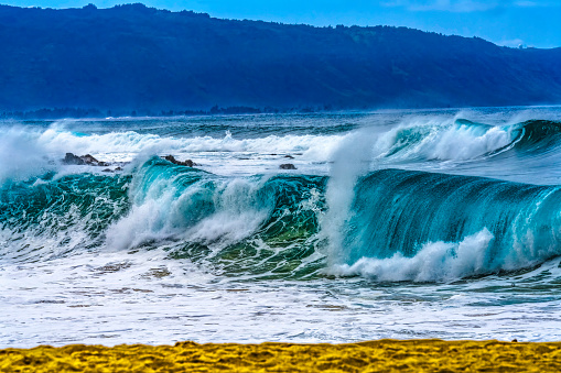 Watching Beach Large Wave Waimea Bay North Shore Oahu Hawaii. Waimea Bay is famous for big wave surfing. On this day, waves were 15 to 20 feet high.