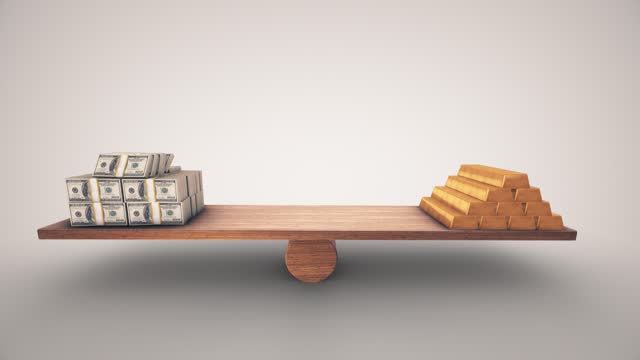 100 dollar bales and gold bullion balancing on a wooden seesaw. Animation slows down on both sides You can stop on the side you choose The concepts of global economy finance business balance exchange rate target scales quantify comparison time money