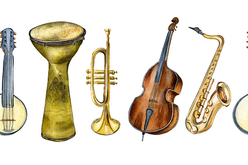 Watercolor drawn musical instruments isolated on white background. Seamless border for a music project. Hand drawn saxophone, double bass, trumpet, drums, and banjo. Design element for print.