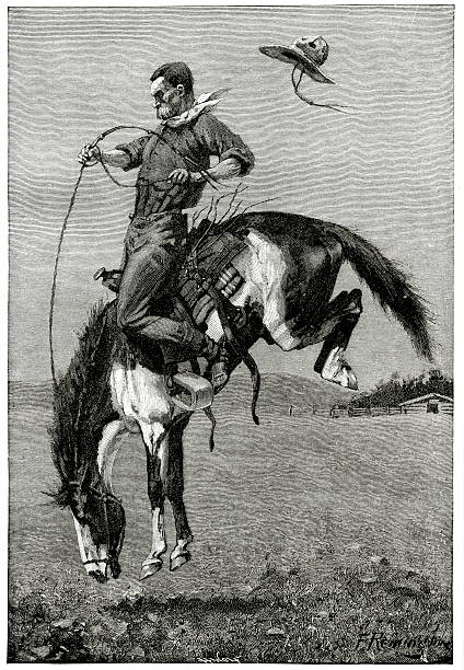 illustrazioni stock, clip art, cartoni animati e icone di tendenza di monta di cavallo selvaggio buster - cowboy rodeo wild west bucking bronco