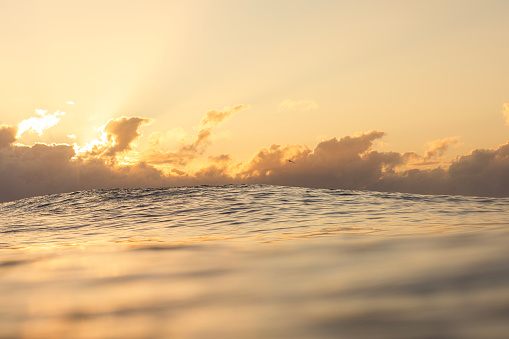 Sunrise reflecting off the surface of the ocean in golden light.