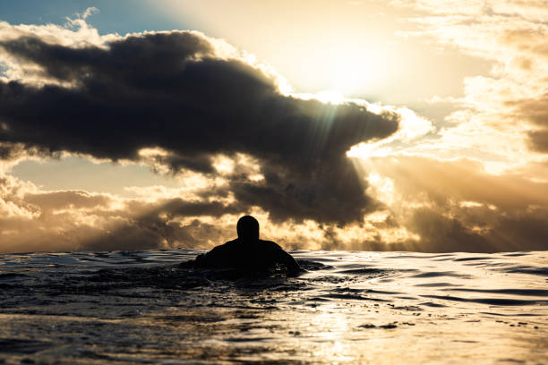 istock Person on surfboard with sunrise and dramatic light rays reflecting off the surface of the ocean in golden light 1739328778