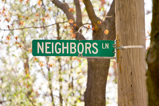 This image is of a sign reading Neighbors Lane in a friendly community.