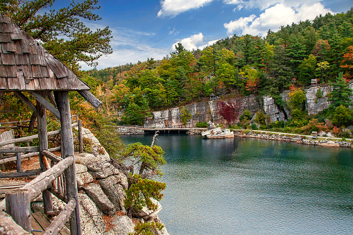 Gazebo overlooking Lake Mohonk in Autumn, part of the Shawangunk Mountain Ridge in upstate New York