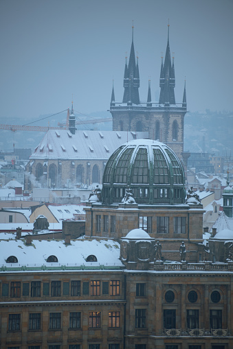landscape in winter in Prague, Czech Republic with church of our lady before tyn.