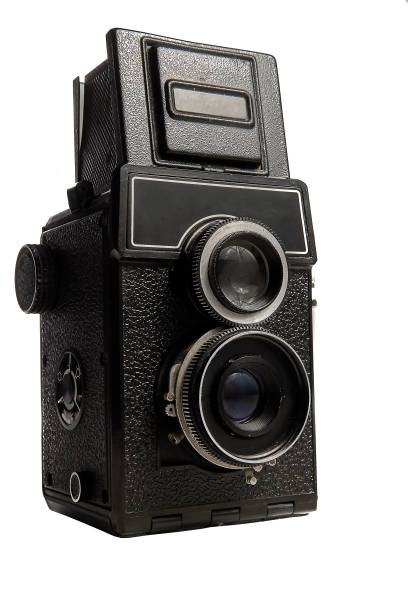 istock Vintage medium format film camera with two lenses close-up on a white background 1739338717