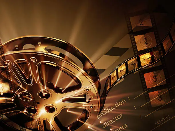 Background image with film reels, clapboard and spot lights. Concept 3D rendering illustrating cinema.