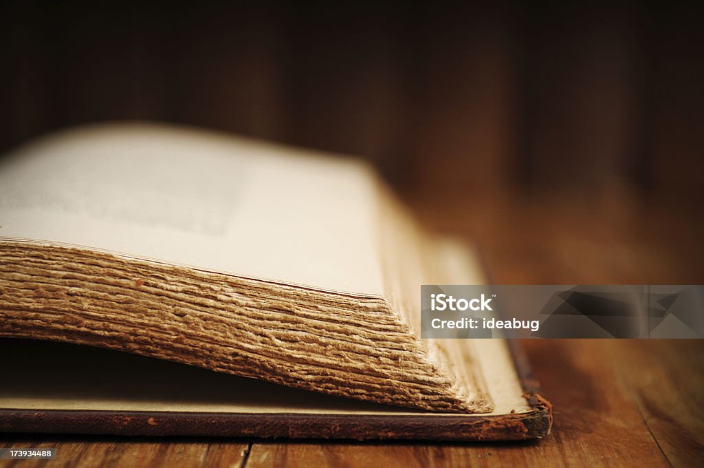 Vintage Book Closeup Color photo of a vintage book sitting in front of other books lined in the background. Bible Stock Photo