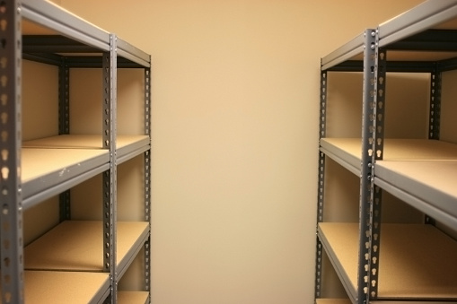 An empty storage unit with shelving on both walls -- a popular storage solution for city dwellers with limited space.