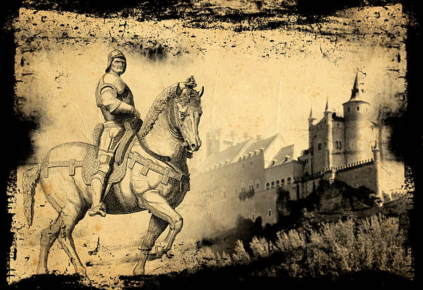 Vintage engraving of Bartolomeo Colleoni (1400 to 1475) in front of a castle. An Italian condottiero (mercenary). Colleoni was perhaps the most respectable of all the Italian condottieri. Although he often changed sides, no act of treachery is imputed to him, nor did he subject the territories he passed through to the rapine and exactions practiced by other soldiers of fortune.