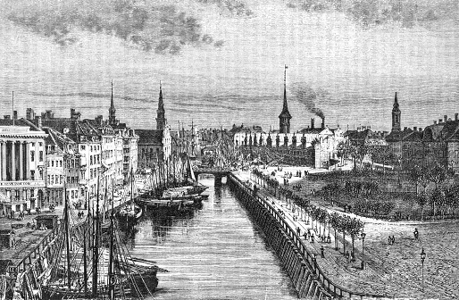 Copenhagen, Slots Channel. View from Christianborg Castle, illustration from Universal Geography, St. Petersburg, 1898