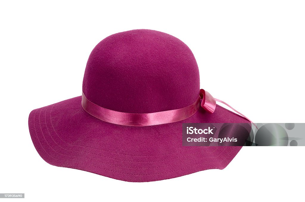 Ladies blank purple felt hat w/ribbon-isolated on white Side view of a purple felt hat. isolated on 255 white background. Felt - Textile Stock Photo