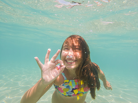 Little Girl in The Sea ,Hand Ok Sign