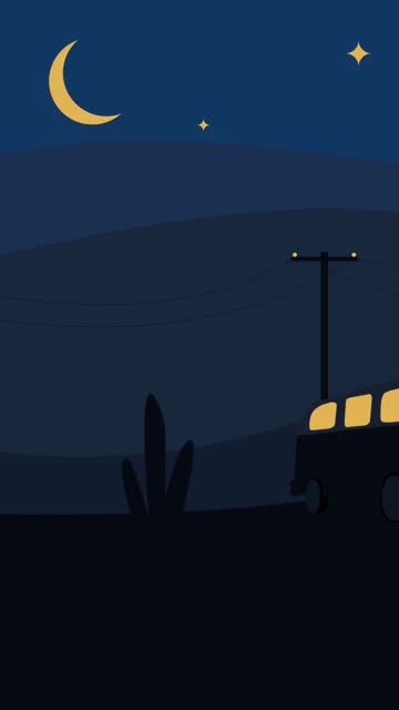 Minivan on desert at night. Animated car riding through canyon. Vertical video