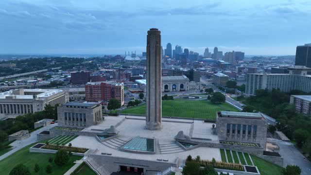 Liberty Memorial Tower at National WWI Museum and Memorial in Kansas City, Missouri. Aerial establishing shot at dawn.