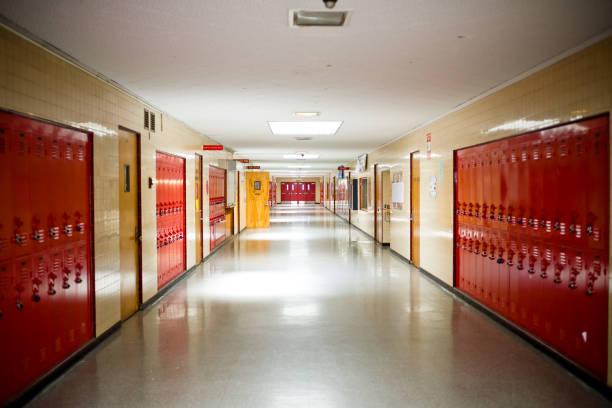 high school hallway with lockers stock photo