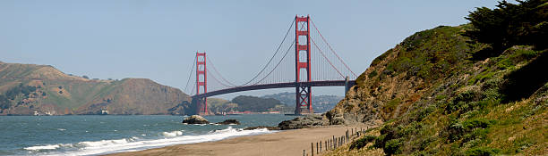 Landscape shot of Golden Gate Bridge on a sunny day Golden Gate Bridge photographed from Baker Beach. Sunny day with clear blue sky. XXXL FILE SIZE. url=http://www.istockphoto.com/file_search.phpaction=file&lightboxID=3786646] baker beach stock pictures, royalty-free photos & images