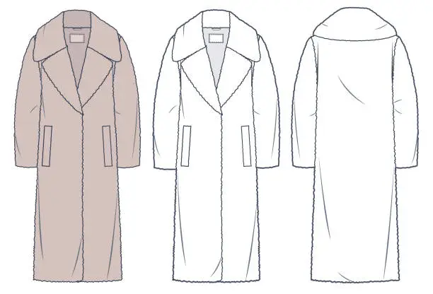 Vector illustration of Faux Fur Coat technical fashion Illustration. Oversize Fur Coat fashion flat technical drawing template, midi length, teddy fur, pockets, front and back view, white, braun color, women, men, unisex CAD mockup set.