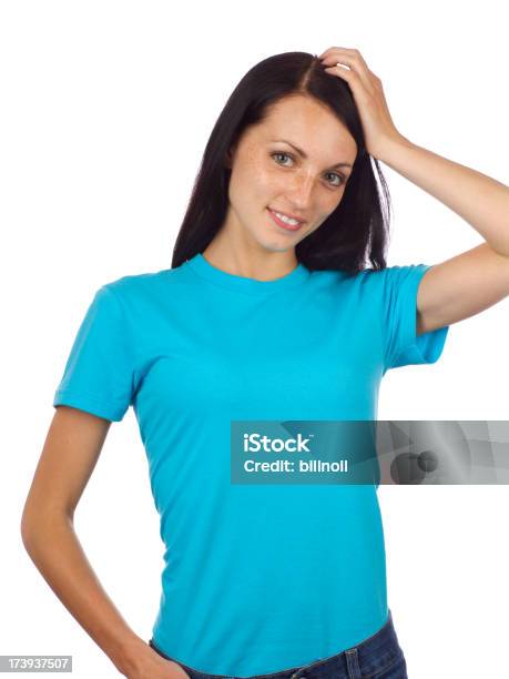 Foto de Jovem Com Camisa Azulclaro e mais fotos de stock de Azul claro - Azul claro, Camiseta, Espaço Vazio