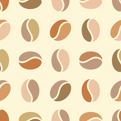 Coffee beans geometric grid, cute colourful seamless pattern. Pastel beige caramel colour palette. White cream background. Vector illustration