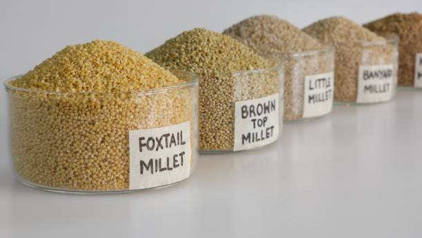 istock Siridhanya Millets or Five positive millets arranged in bowls with label 1739386174