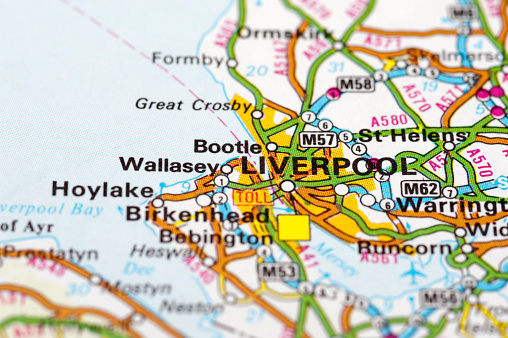 Map image of the city of Liverpool, England.
