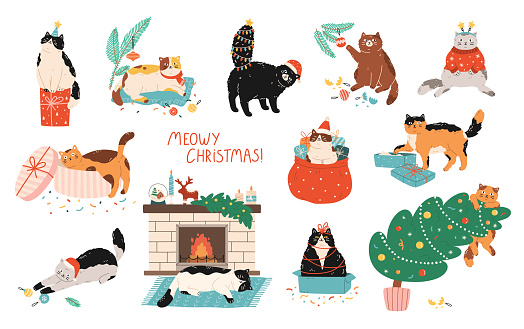 Set of funny cats celebrating Christmas with holiday decorations. Kittens in sweaters and hats with presents, toys, Christmas tree and fireplace. Vector flat design. Hand drawn cartoon style.