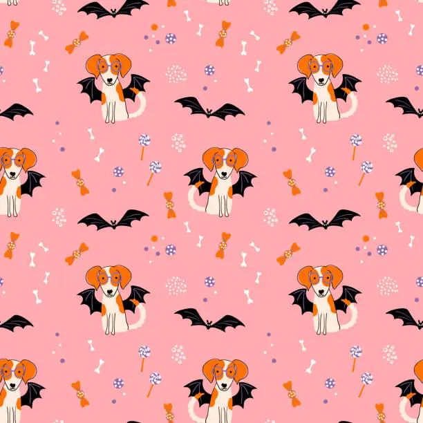 Vector illustration of Halloween seamless pattern. Cute background with dog in a bat costume. Pet pawty. Flat style vector illustration.