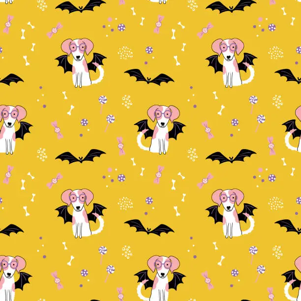 Vector illustration of Cute background with dog in a bat costume. Halloween seamless pattern. Pet pawty. Flat style vector illustration.