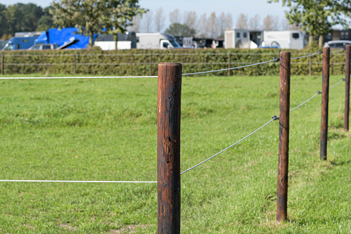 Fences for grazing horses. Wooden stakes, rope and metal rings