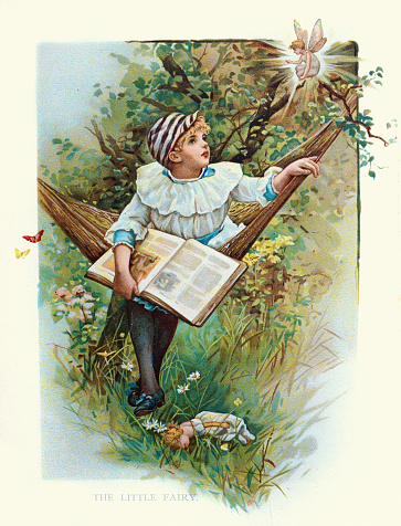 Vintage illustration Child holding a book and seeing a fairy, Victorian children's book illustration, 19th Century