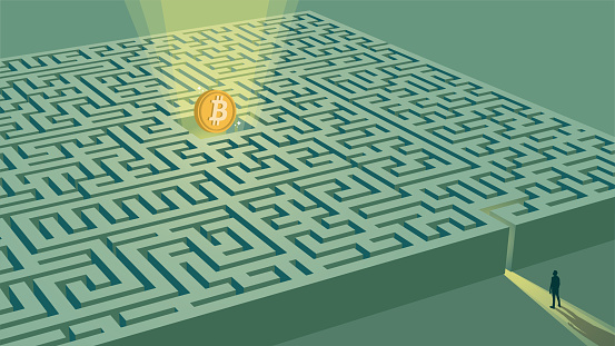 A man is at the entrance of a complex maze and there is a  golden shiny Bitcoin in the middle of the maze.