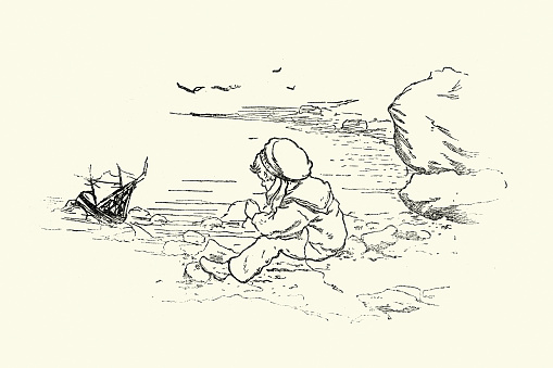 Vintage illustration Little boy playing on beach with toy boat, Victorian children's book illustration, 19th Century