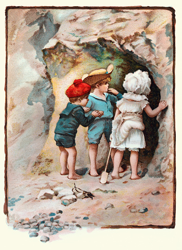 Vintage illustration Little children exploring a cave on a beach, curiosity, danger, Victorian children's book illustration, 19th Century