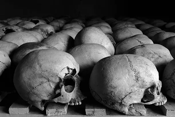 Rows of the skulls of victims of the Rwanda genocide of 1994.More information about this image here:http://www.istockphoto.com/forum_messages.phpthreadid=79537&amp;messageid=1202570