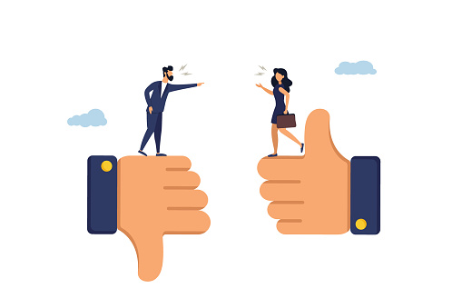 Businessman and woman arguing about the difference between thumbs up and thumbs down. Conflict and dispute between colleagues, disagreement, confrontation or rivalry fight concept.