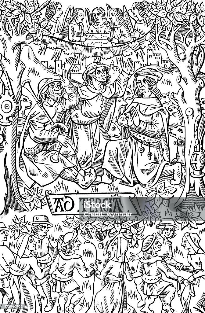 Shepherds の誕生日を祝う Messiah 、賛美歌やダンス - 16世紀のロイヤリティフリーストックイラストレーション