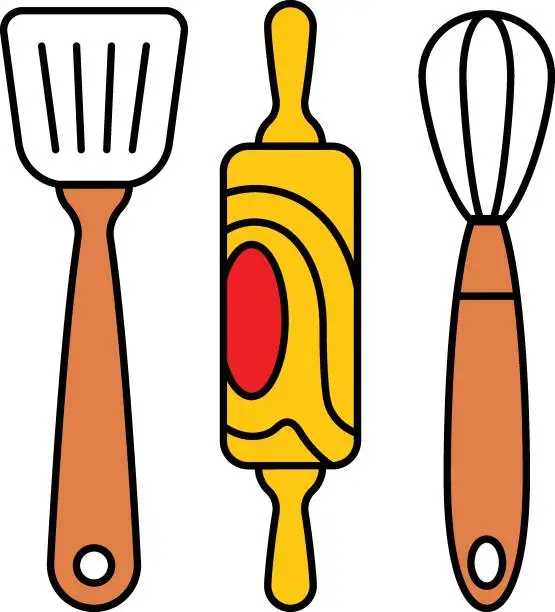 Vector illustration of Slotted Turner, Whisk and Rolling pin concept vector icon design, Bakery and Baked Goods symbol, Culinary and Kitchen Education sign, Recipe development stock illustration